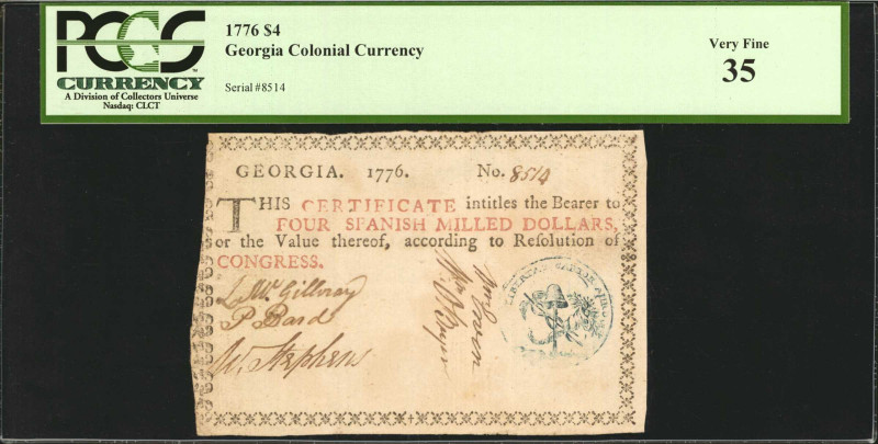 GA-75a. Georgia. 1776. $4. PCGS Currency Very Fine 35.

No. 8514. Blue liberty...