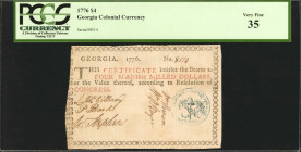 GA-75a. Georgia. 1776. $4. PCGS Currency Very Fine 35.

No. 8514. Blue liberty cap seal at right. Black and red print with five signatures. Offered ...