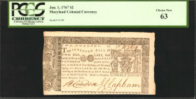 MD-45. Maryland. January 1, 1767. $2. PCGS Currency Choice New 63.

No. 11369. A scarce 1767 $2 note, found here in an attractive Choice New grade. ...