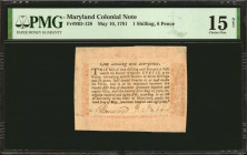 MD-128. Maryland. May 10, 1781. 1 Shilling, 6 Pence. PMG Choice Fine 15 Net. Tape Repaired.

Unnumbered. Signed by John Callahan and Nicholas Harwoo...