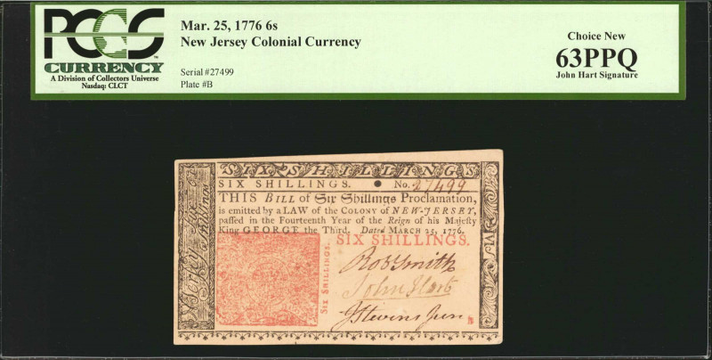 NJ-178. New Jersey. March 25, 1776. 6 Shillings. PCGS Currency Choice New 63 PPQ...