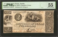 Austin, Texas. Republic of Texas. 1839-41. $2. PMG About Uncirculated 55.

(TXCRA2). No. 1153, Plate A. A deer is found at left, while a gaucho ropi...