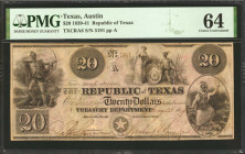 Austin, Texas. Republic of Texas. 1839-41. $20. PMG Choice Uncirculated 64.

(TXCRA6). No. 5191, Plate A. A monster Choice Uncirculated grade has be...