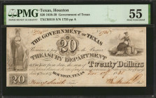 Houston, Texas. Government of Texas. 1838-39. $20. PMG About Uncirculated 55.

(TXCRH18). No. 1725, Plate A. Allegorical female at left holding shie...