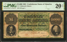 T-1. Confederate Currency. 1861 $1000. PMG Very Fine 20 Net. Restoration, Stains.

No. 181, Plate A. The key note of the "Big Six" of Confederate cu...