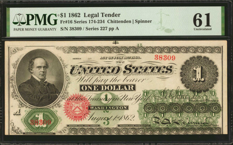 Fr. 16. 1862 $1 Legal Tender Note. PMG Uncirculated 61.

Series 227, Plate A. ...
