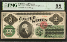 Fr. 41. 1862 $2 Legal Tender Note. PMG Choice About Uncirculated 58.

Bright paper is found on this highly attractive 1862 Deuce. Hamilton's portrai...