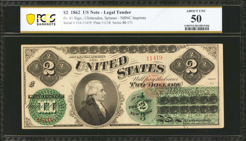 Fr. 41. 1862 $2 Legal Tender Note. PCGS Banknote About Uncirculated 50.

An al...