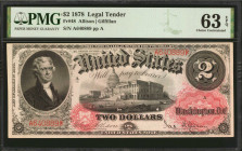 Fr. 48. 1878 $2 Legal Tender Note. PMG Choice Uncirculated 63 EPQ.

A bright and fresh Allison-Gilfillan signed 1875 deuce which offers a dark impre...