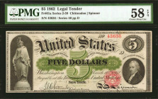 Fr. 61a. 1862 $5 Legal Tender Note. PMG Choice About Uncirculated 58 EPQ.

Series 50, Plate D. A highly attractive Civil War era Five, which offers ...