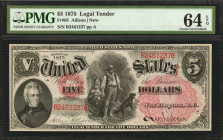 Fr. 65. 1875 $5 Legal Tender Note. PMG Choice Uncirculated 64 EPQ.

Fewer than 80 Allison-New signed 1875 $5's are reported in Track and Price's cen...