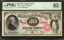 Fr. 129. 1878 $20 Legal Tender Note. PMG Gem Uncirculated 65 EPQ.

A striking early $20 Legal Tender design with lovely Roman numeral "XX" protector...