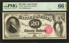 Fr. 140. 1880 $20 Legal Tender Note. PMG Gem Uncirculated 66 EPQ.

A vivid small red scalloped treasury seal is found on this $20 Legal Tender. Sign...