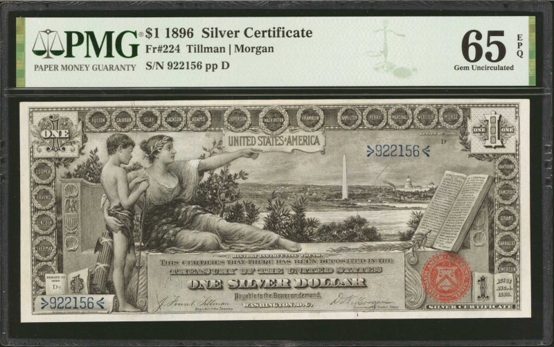 Fr. 224. 1896 $1 Silver Certificate. PMG Gem Uncirculated 65 EPQ.

A pack fres...