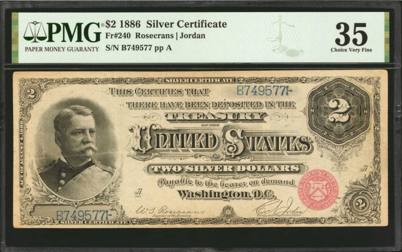 Fr. 240. 1886 $2 Silver Certificate. PMG Choice Very Fine 35.

A vividly detai...