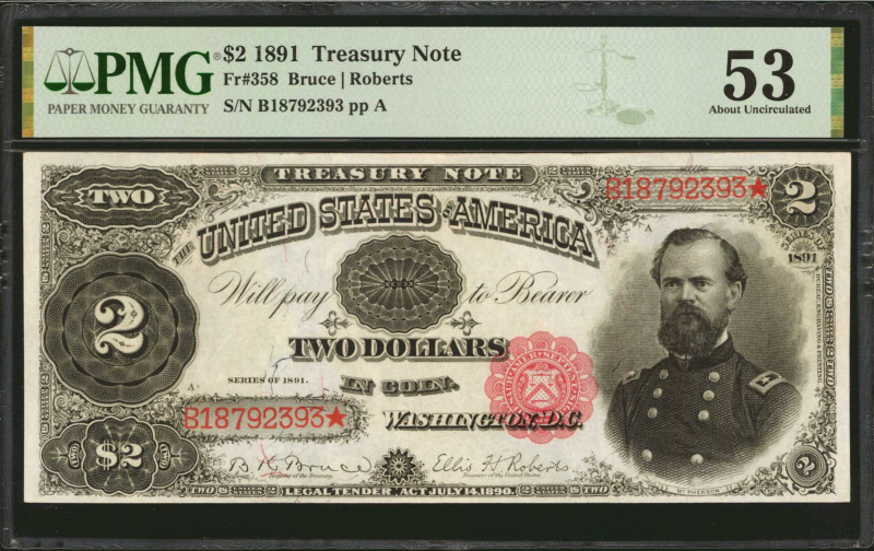 Fr. 358. 1891 $2 Treasury Note. PMG About Uncirculated 53.

The Two Dollar not...