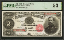 Fr. 358. 1891 $2 Treasury Note. PMG About Uncirculated 53.

The Two Dollar notes of both the 1890 and this 1891 series of Treasury Notes are quite d...