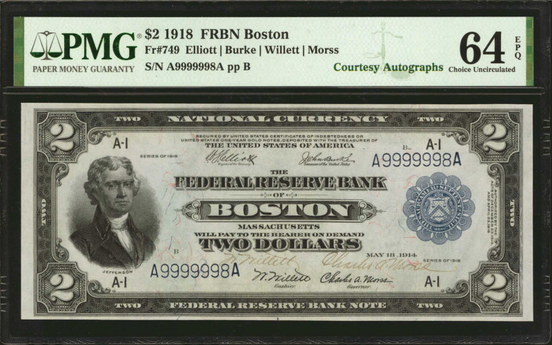 Fr. 749. 1918 $2 Federal Reserve Bank Note. Boston. PMG Choice Uncirculated 64 E...