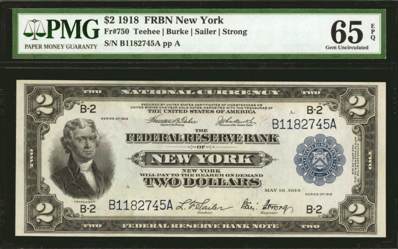 Fr. 750. 1918 $2 Federal Reserve Bank Note. New York. PMG Gem Uncirculated 65 EP...
