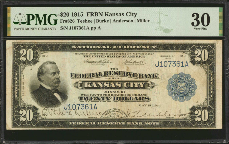 Fr. 826. 1915 $20 Federal Reserve Bank Note. Kansas City. PMG Very Fine 30.

T...