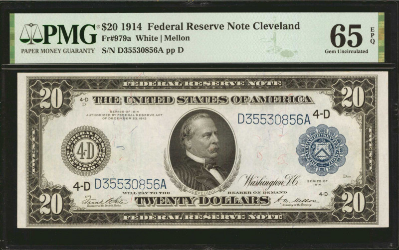 Fr. 979a. 1914 $20 Federal Reserve Note. Cleveland. PMG Gem Uncirculated 65 EPQ....