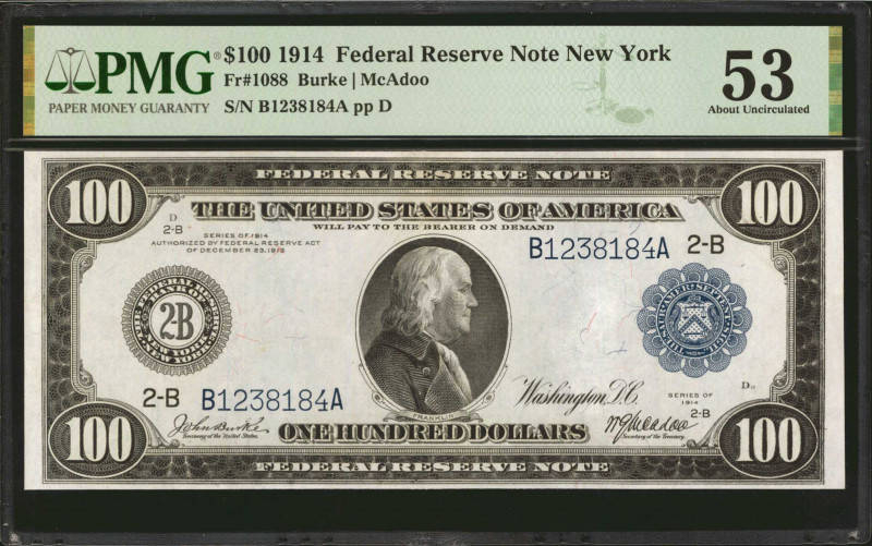 Fr. 1088. 1914 $100 Federal Reserve Note. New York. PMG About Uncirculated 53.
...