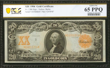 Fr. 1186. 1906 $20 Gold Certificate. PCGS Banknote Gem Uncirculated 65 PPQ.

A far more difficult 1906 dated note than the later issue of 1922 for t...