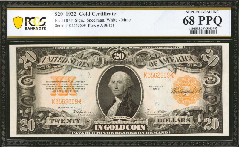 Fr. 1187m. 1922 $20 Gold Certificate Mule Note. PCGS Banknote Superb Gem Uncircu...
