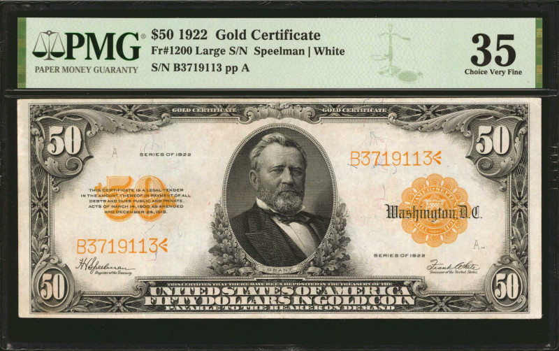 Fr. 1200. 1922 $50 Gold Certificate. PMG Choice Very Fine 35.

Large serial nu...