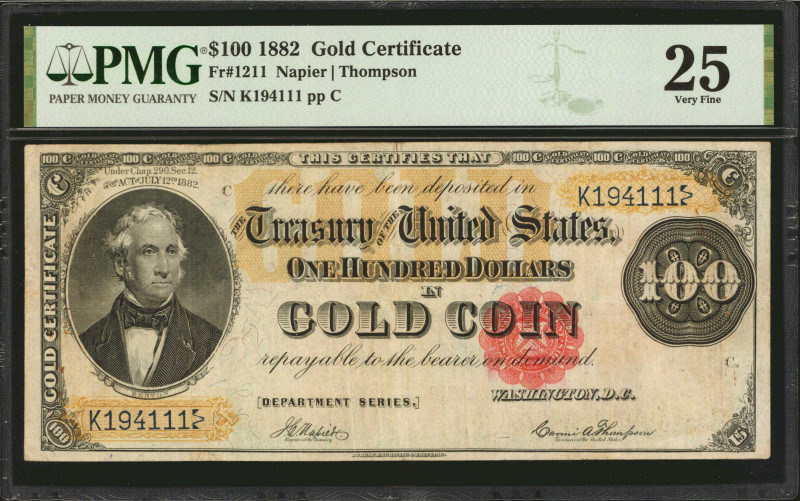 Fr. 1211. 1882 $100 Gold Certificate. PMG Very Fine 25.

A scarce Napier - Tho...