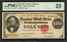 Fr. 1211. 1882 $100 Gold Certificate. PMG Very Fine 25.

A scarce Napier - Thompson signature combination on this desirable $100 design. The paper i...