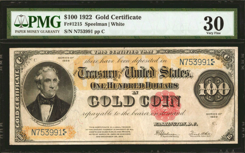 Fr. 1215. 1922 $100 Gold Certificate. PMG Very Fine 30.

An attractive Very Fi...