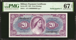 Military Payment Certificate. Series 691. $20. PMG Superb Gem Uncirculated 67 EPQ. Serial Number 8.

Serial number D00000008D. A visually flawless e...