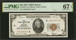 Fr. 1870-A. 1929 $20 Federal Reserve Bank Note. Boston. PMG Superb Gem Uncirculated 67 EPQ.

A very attractive Boston $20 FRBN with large margins an...