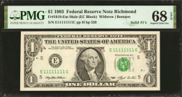 Fr. 1918-Em. 1993 $1 Federal Reserve Mule Note. Richmond. PMG Superb Gem Uncirculated 68 EPQ. Solid #1's.

This lofty graded Ace is found with the f...