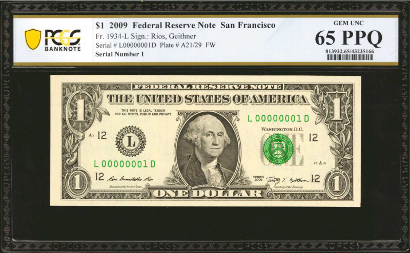 Fr. 1934-L. 2009 $1 Federal Reserve Note. San Francisco. PCGS Banknote Gem Uncir...