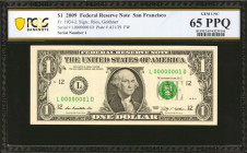 Fr. 1934-L. 2009 $1 Federal Reserve Note. San Francisco. PCGS Banknote Gem Uncirculated 65 PPQ. Serial Number 1.

This lovely Gem $1 FRN displays th...