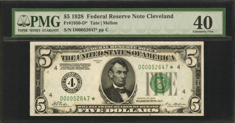 Fr. 1950-D*. 1928 $5 Federal Reserve Star Note. Cleveland. PMG Extremely Fine 40...