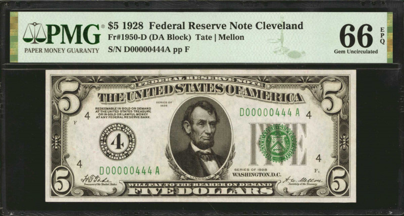 Fr. 1950-D. 1928 $5 Federal Reserve Note. Cleveland. PMG Gem Uncirculated 66 EPQ...