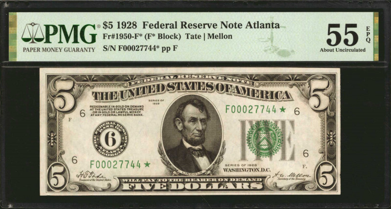 Fr. 1950-F*. 1928 $5 Federal Reserve Star Note. Atlanta. PMG About Uncirculated ...