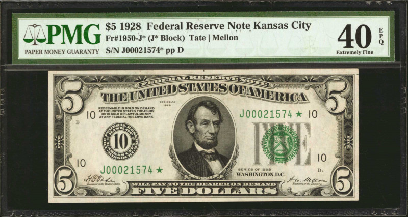 Fr. 1950-J*. 1928 $5 Federal Reserve Star Note. Kansas City. PMG Extremely Fine ...