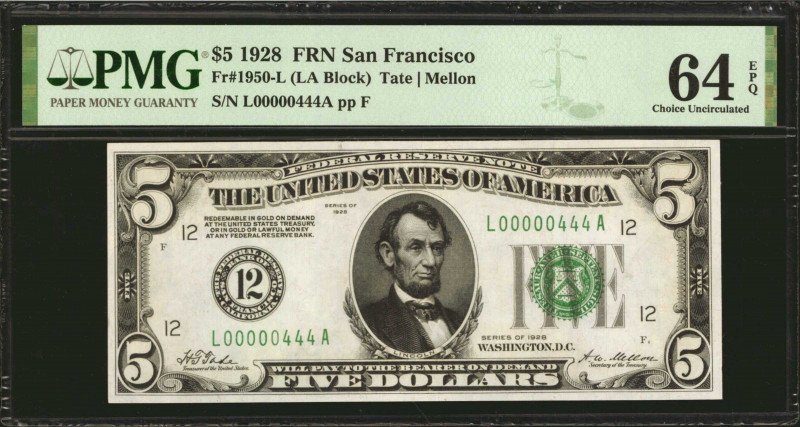 Fr. 1950-L. 1928 $5 Federal Reserve Note. San Francisco. PMG Choice Uncirculated...