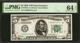 Fr. 1950-L. 1928 $5 Federal Reserve Note. San Francisco. PMG Choice Uncirculated 64 EPQ.

This fancy low serial number San Francisco note is bright ...