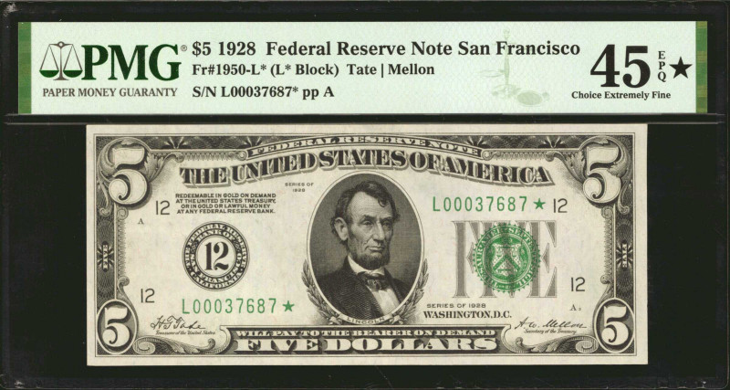 Fr. 1950-L*. 1928 $5 Federal Reserve Star Note. San Francisco. PMG Choice Extrem...
