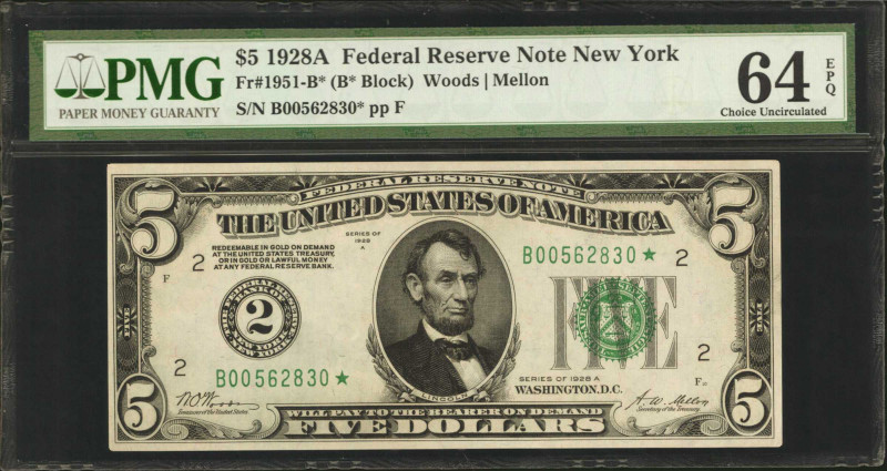 Fr. 1951-B*. 1928A $5 Federal Reserve Star Note. New York. PMG Choice Uncirculat...