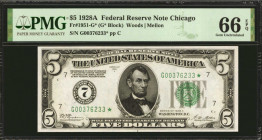 Fr. 1951-G*. 1928A $5 Federal Reserve Star Note. Chicago. PMG Gem Uncirculated 66 EPQ.

Creamy white paper and jet black design details stand out on...