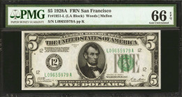 Fr. 1951-L. 1928A $5 Federal Reserve Note. San Francisco. PMG Gem Uncirculated 66 EPQ.

A high end Gem offering of this 1928A San Fran $5. Milky whi...