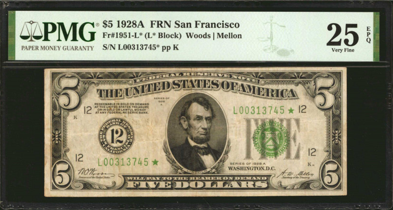 Fr. 1951-L*. 1928A $5 Federal Reserve Star Note. San Francisco. PMG Very Fine 25...