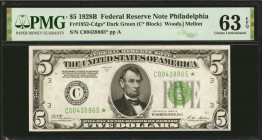Fr. 1952-Cdgs*. 1928B $5 Federal Reserve Star Note. Philadelphia. PMG Choice Uncirculated 63 EPQ.

Uncirculated Dark Green Seal Stars are exceedingl...