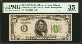 Fr. 1952-Flgs*. 1928B $5 Federal Reserve Star Note. Atlanta. PMG Choice Very Fine 35.

PMG has only graded two Atlanta Light Green Seal Stars, and t...